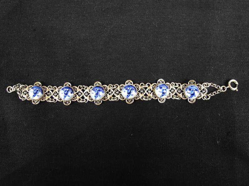 Vintage Delft Porcelain Silver Bracelet with Matching Earrings
