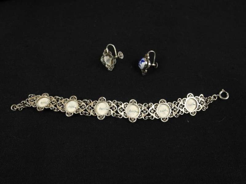 Vintage Delft Porcelain Silver Bracelet with Matching Earrings