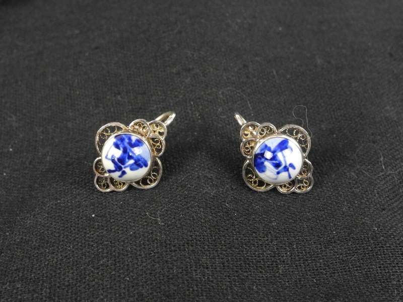 Vintage Delft Porcelain Silver Bracelet with Matching Earrings