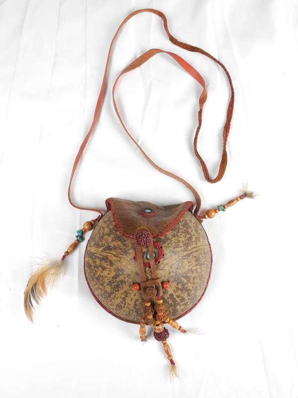Vintage Leather and Coconut Shell Bag adorned with Coral and Turquoise beadwork