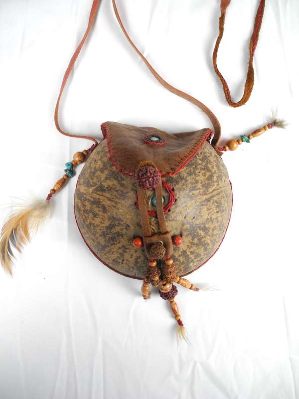 Vintage Leather and Coconut Shell Bag adorned with Coral and Turquoise beadwork