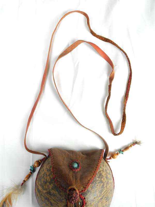 Vintage Leather and Coconut Shell Bag adorned with Coral and Turquoise beadwork