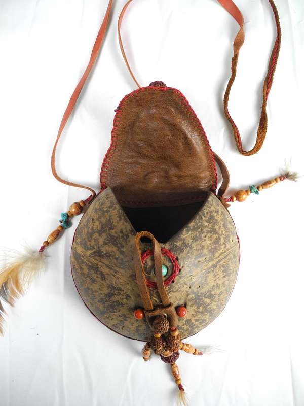 Vintage Leather and Coconut Shell Bag adorned with Coral and Turquoise beadwork
