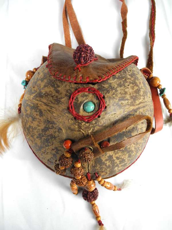 Vintage Leather and Coconut Shell Bag adorned with Coral and Turquoise beadwork