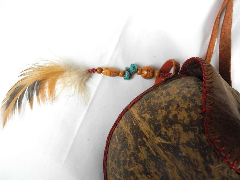 Vintage Leather and Coconut Shell Bag adorned with Coral and Turquoise beadwork