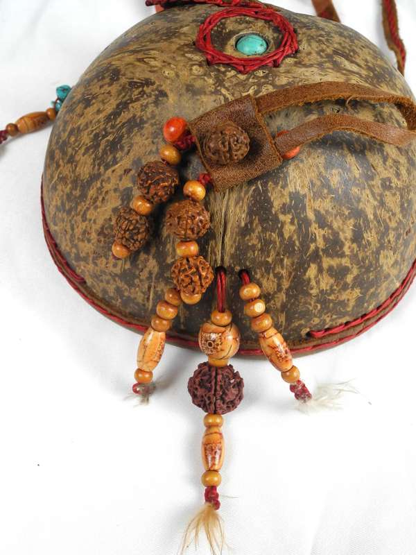 Vintage Leather and Coconut Shell Bag adorned with Coral and Turquoise beadwork