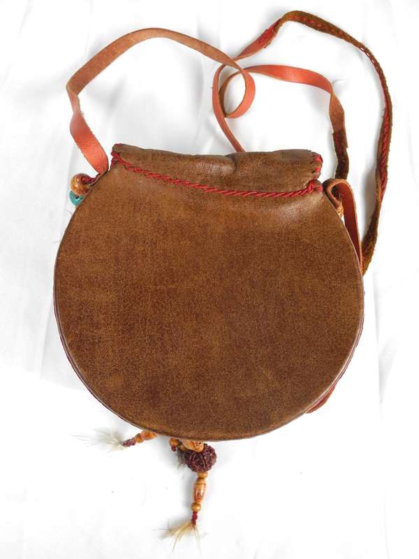 Vintage Leather and Coconut Shell Bag adorned with Coral and Turquoise beadwork
