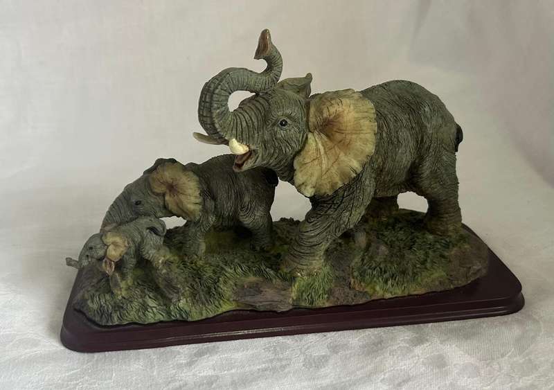 Elephant Cow with 2 Calves, Resin on Wood