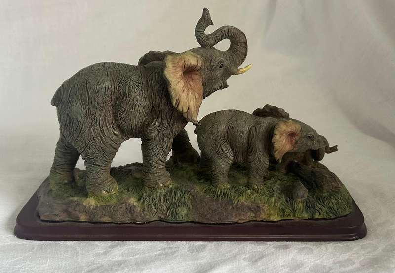 Elephant Cow with 2 Calves, Resin on Wood