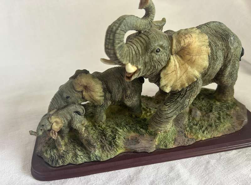 Elephant Cow with 2 Calves, Resin on Wood