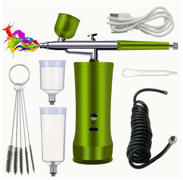 High-Pressure Cordless Airbrush Kit Handheld, Rechargeable, 0.3mm Tip - USB Rechargeable, Green