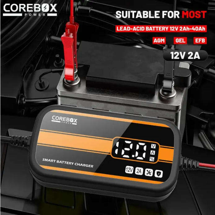 COREBOX New Upgrade 12V 2A Car Battery Charger Portable Fully Automatic Digital Display