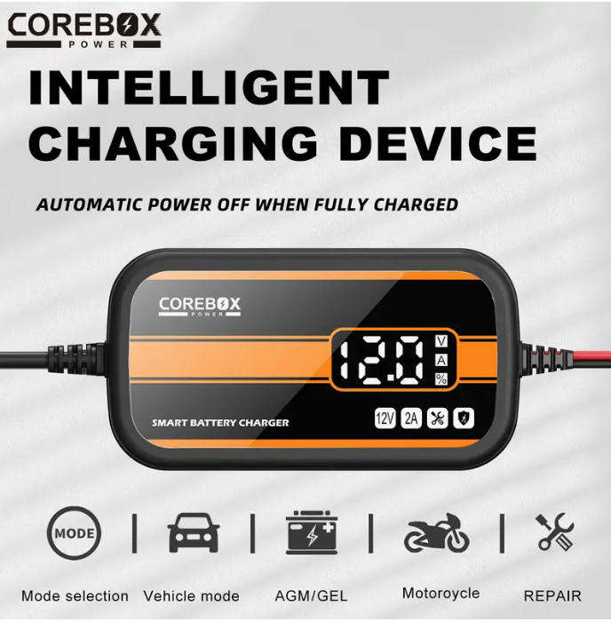 COREBOX New Upgrade 12V 2A Car Battery Charger Portable Fully Automatic Digital Display