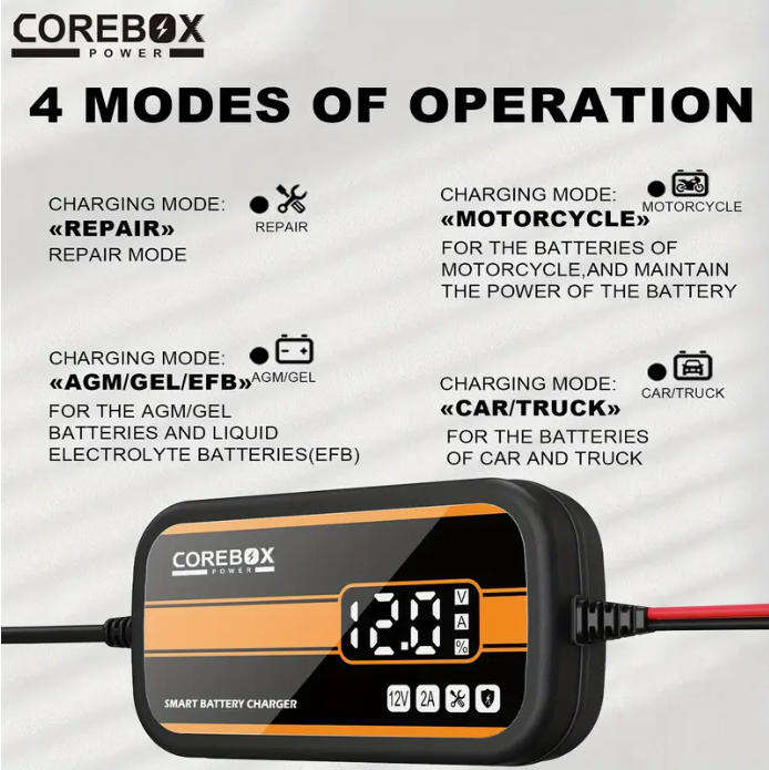 COREBOX New Upgrade 12V 2A Car Battery Charger Portable Fully Automatic Digital Display