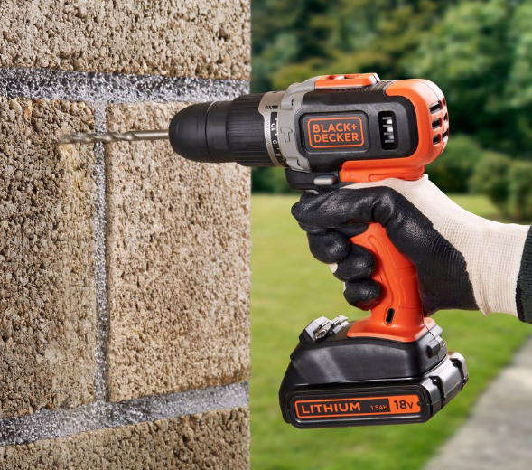 BLACK+DECKER 18V Cordless Hammer Drill + 1x 1.5Ah Battery + Charger + 2.0Ah Battery
