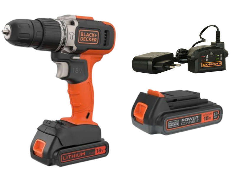 BLACK+DECKER 18V Cordless Hammer Drill + 1x 1.5Ah Battery + Charger + 2.0Ah Battery