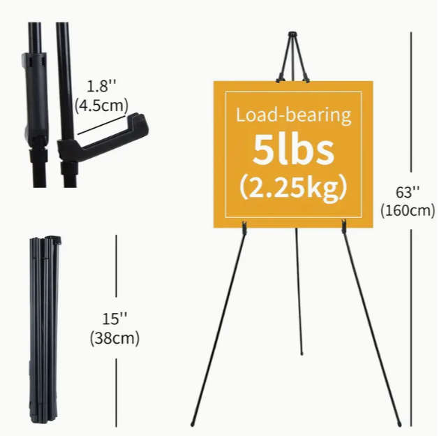 Portable Foldable Easel Stand - Instant Setup, with Storage Bag - Black - 160 CM