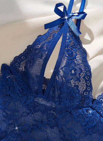 2pcs Floral Lace Sexy Lingerie Set, Expose Breast Bow Top & Crotch Panties - Navy/Blue