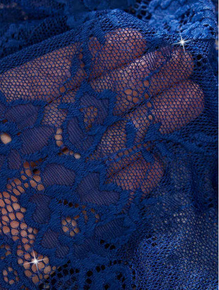 2pcs Floral Lace Sexy Lingerie Set, Expose Breast Bow Top & Crotch Panties - Navy/Blue