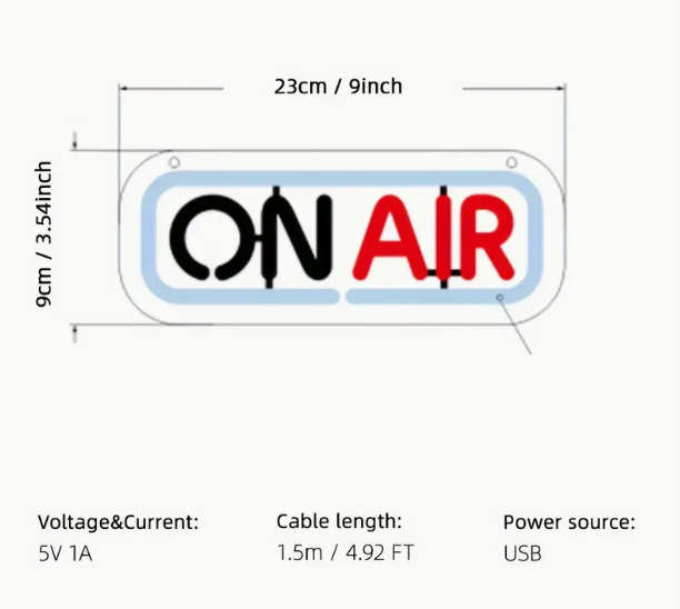 ON AIR" LED Neon Light Sign - 9x3.5 inch, USB Powered, Red & Blue Signage
