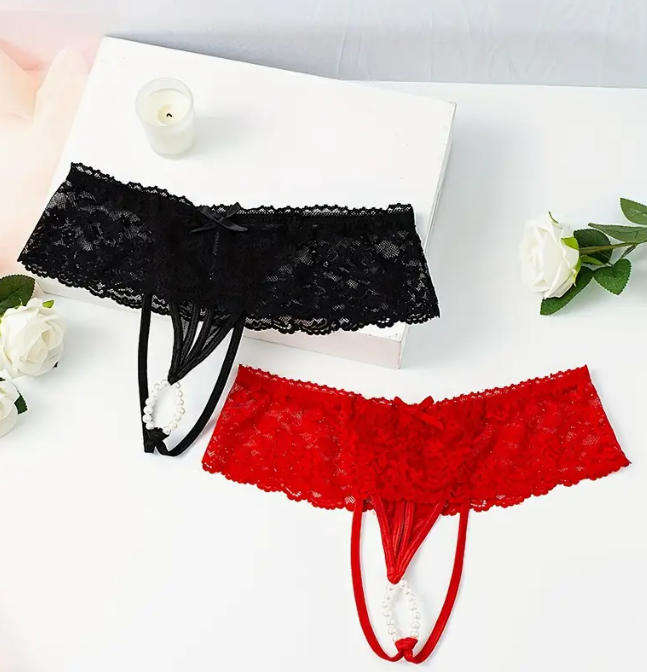 Women's Sexy Panties with Contrast Lace, Bow Bead Decorated Thong Set in Multiple Colors - 2pcs Set