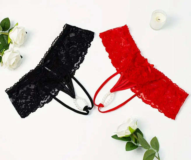 Women's Sexy Panties with Contrast Lace, Bow Bead Decorated Thong Set in Multiple Colors - 2pcs Set