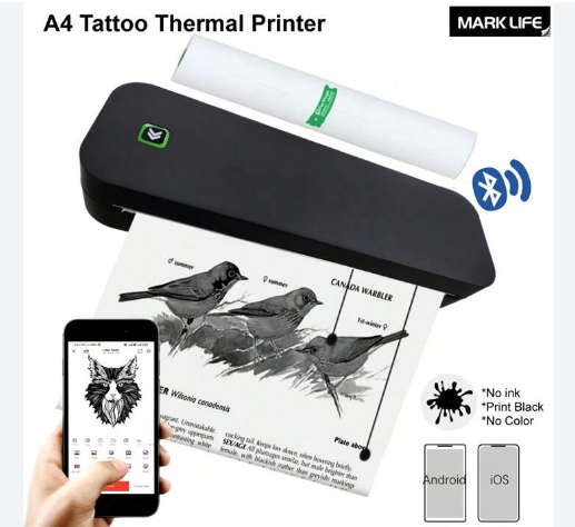 Portable A4 Thermal Inkless Black&White Paper & Tattoo Paper Printer + Paper Rolls