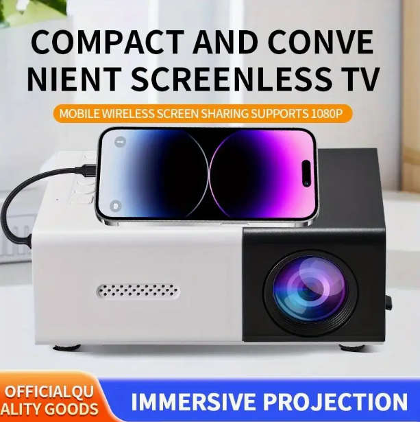 Compact HD Projector for Home Theater Smartphone Screen Mirroring, Portable Design + Screen