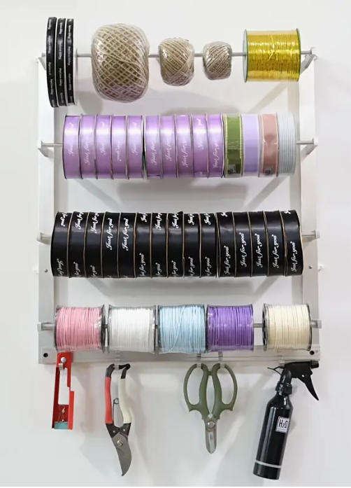 Wall mounted ribbon holder, floral ribbon, ribbon ribbon, flower shop packaging storage rack