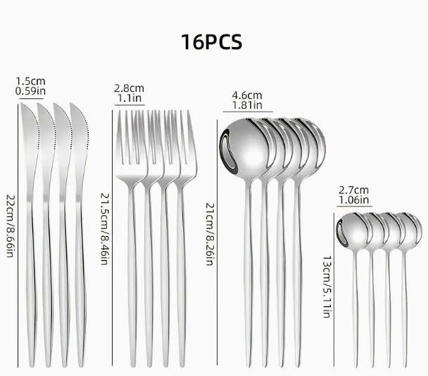 16pcs Silver/ Stainless Steel Flatware Set, Polished  Elegant Dinner Knives, Forks, Spoons,