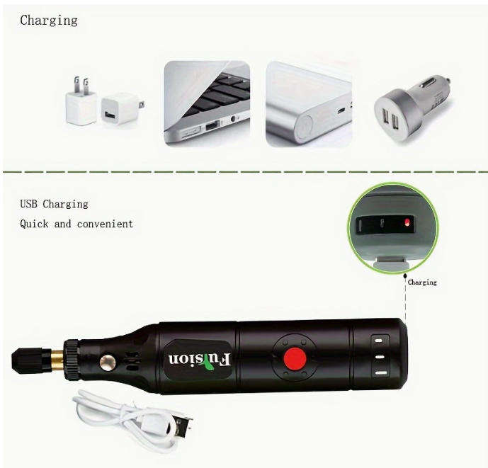 Compact Cordless Rotary Tool Kit - 3.7V, USB Rechargeable with 500mAh Lithium Battery, 3 Speeds