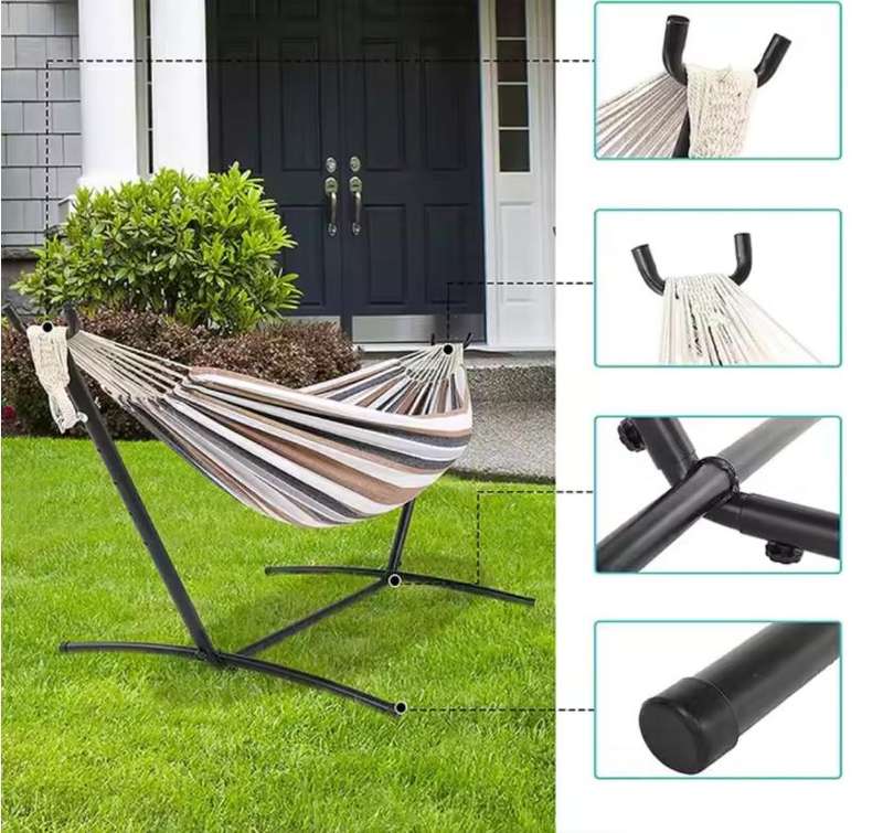 Striped Cotton Fabric Hammock with Steel Stand and Carry Bag