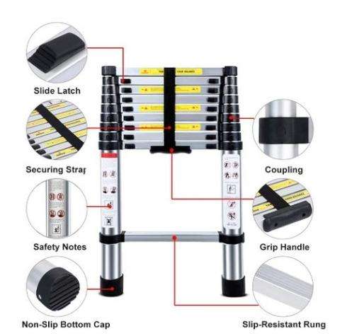 Various Sizes Telescoping Aluminum Extension Ladder for Outdoor Indoor Use - Silver - 2.0 m