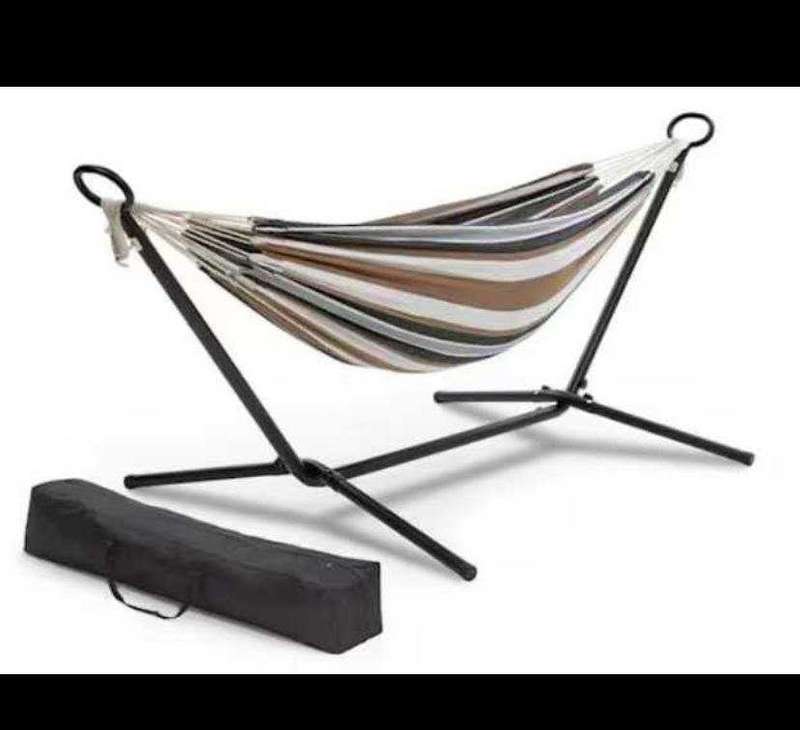 Striped Cotton Fabric Hammock with Steel Stand and Carry Bag