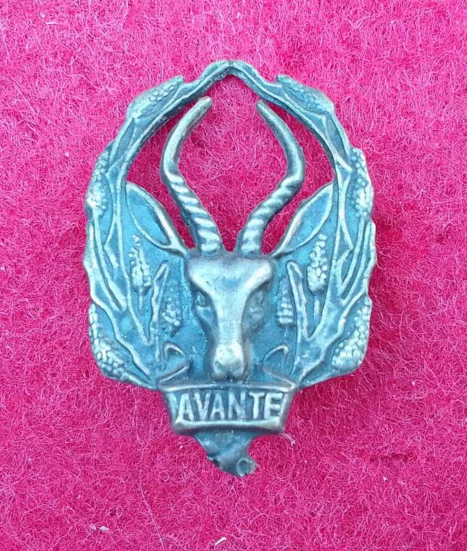 5 SA INFANTRY TRAINING UNIT GREY METAL CAP BADGE- VOIDED TYPE-APPROVED IN 1988- 2X SCREW LUGS