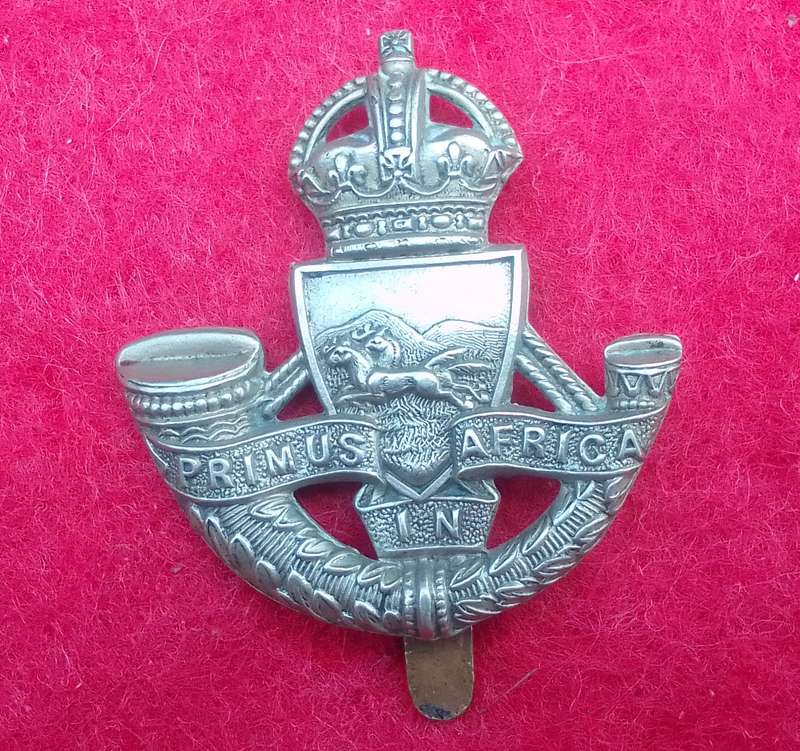 NATAL MOUNTED RIFLES CAP BADGE-WORN 1940`S-1950- 2 LUGS