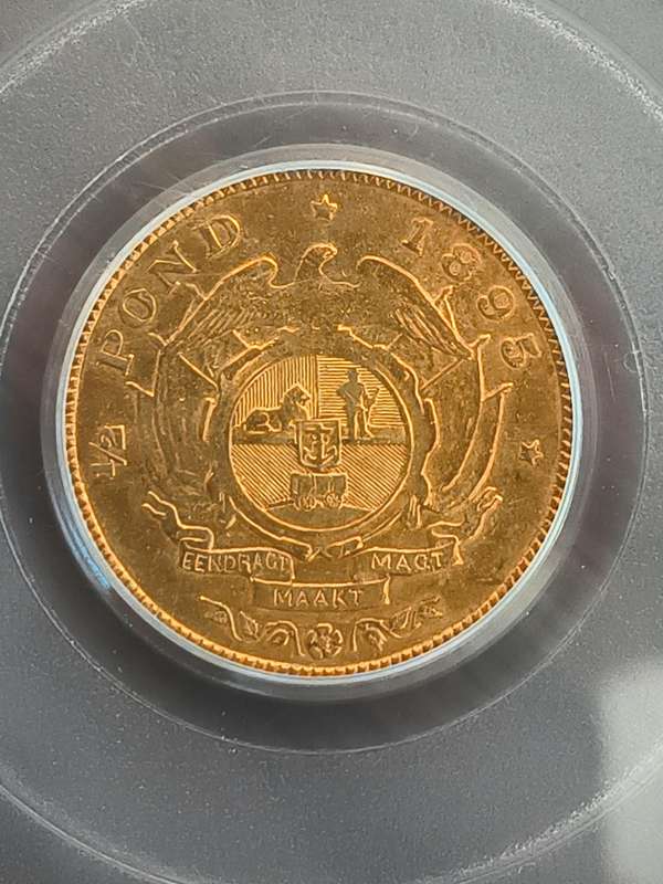 1895!! Single Shaft!! Paul Kruger. Gold Halfpond!! AU53-Graded!! One shaft-Ultra rare!! R1 Start!!