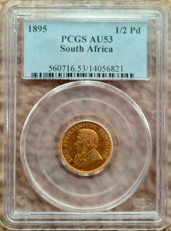 1895!! Single Shaft!! Paul Kruger. Gold Halfpond!! AU53-Graded!! One shaft-Ultra rare!! R1 Start!!