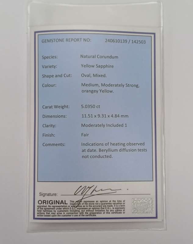Lovely Natural 5.03ct Loose Yellow Sapphire, With EGL Certificate