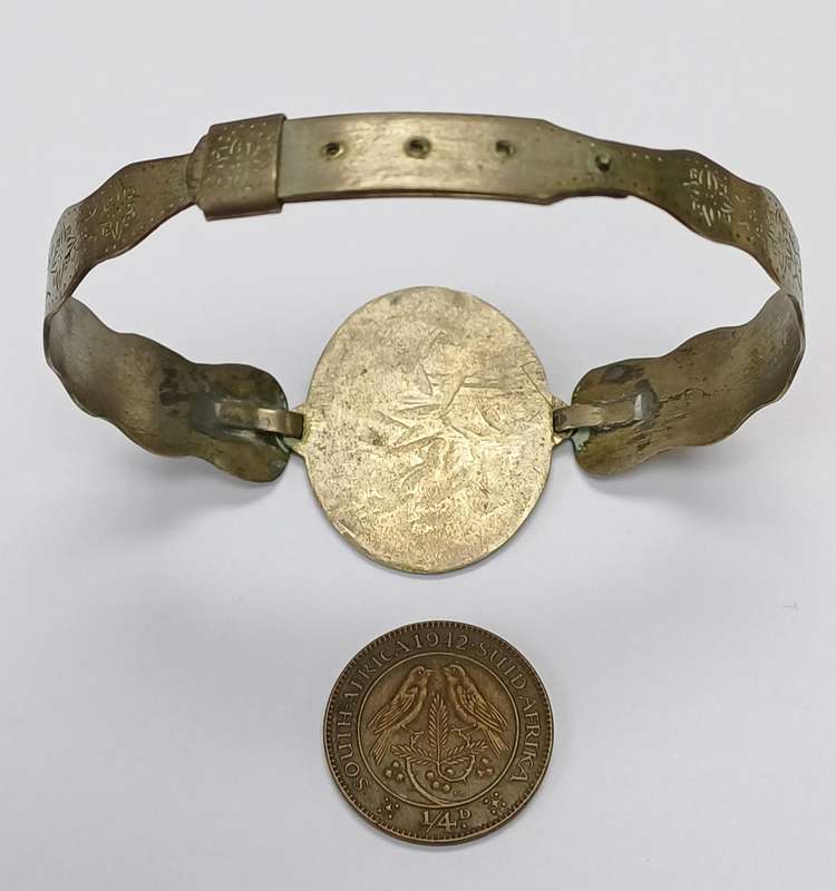 WWII Period Trench Art Bracelet Copying the Sparrows (Mossies) on a 1/4 D Coin