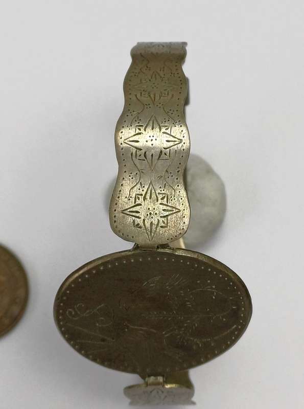 WWII Period Trench Art Bracelet Copying the Sparrows (Mossies) on a 1/4 D Coin