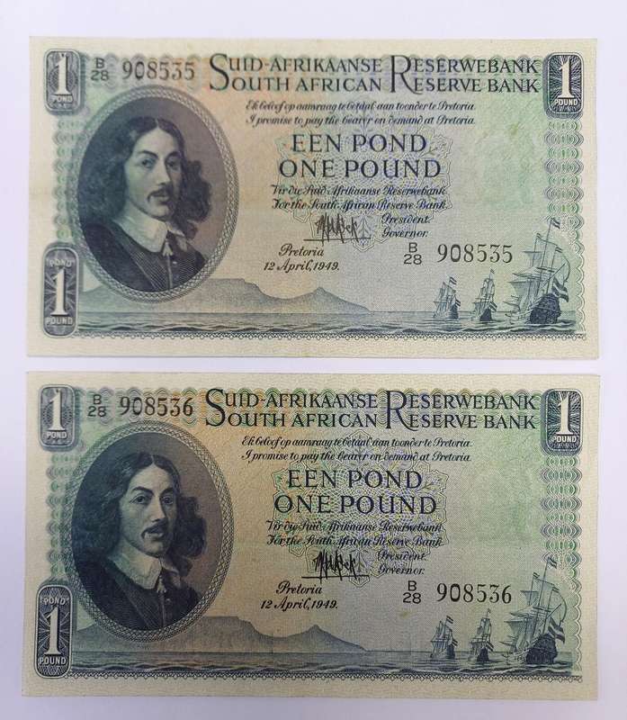 Rare B28 Pound 1949, Printed on Thicker Paper, Consecutive Number Pair, EF to AUNC
