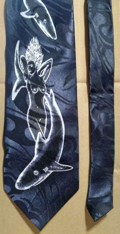 Men's 100% Silk Neck Tie - Naked Lady & Shark - Hand Made/Stitched.