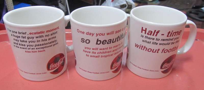 Set of 3 Coca Cola,Coke Mugs - 1996 : Eat Football, Sleep Football, Drink Coke