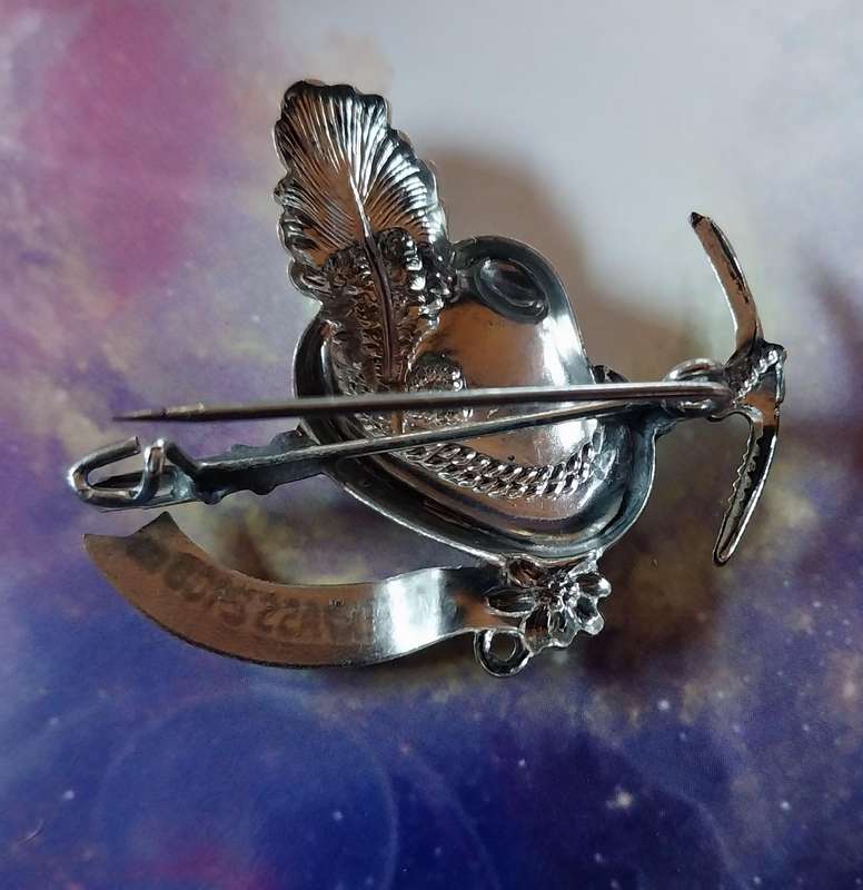 Switzerland Antique Pin Brooch Hat with a pickaxe,peacock feather,silver tone metal Brooch