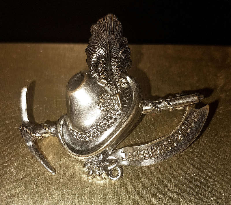 Switzerland Antique Pin Brooch Hat with a pickaxe,peacock feather,silver tone metal Brooch