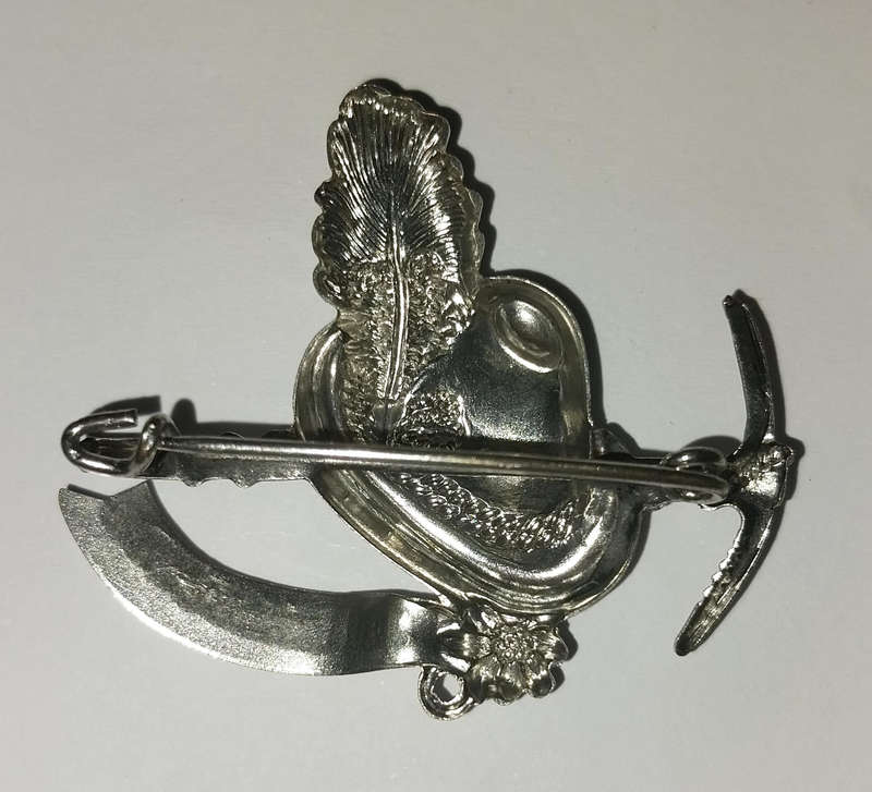 Switzerland Antique Pin Brooch Hat with a pickaxe,peacock feather,silver tone metal Brooch
