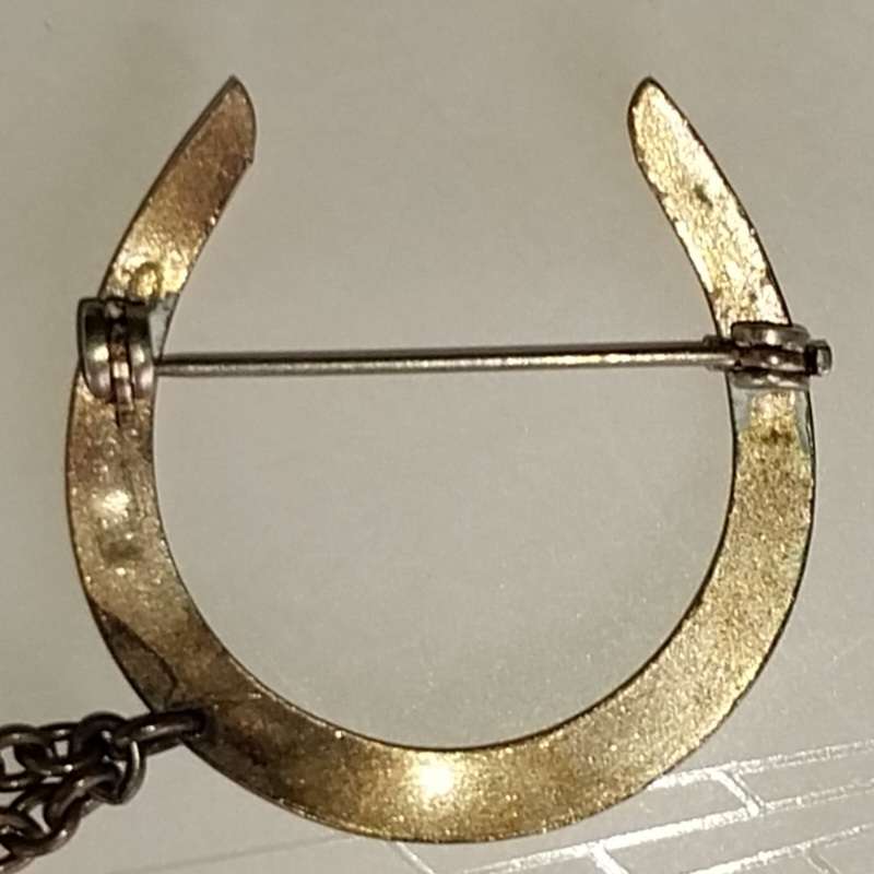 Vintage golden color Horse Head with a chain and a Horseshoe Clasp brooch