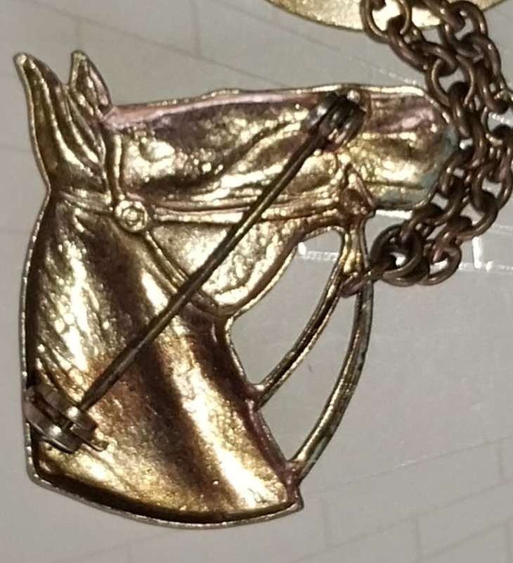 Vintage golden color Horse Head with a chain and a Horseshoe Clasp brooch