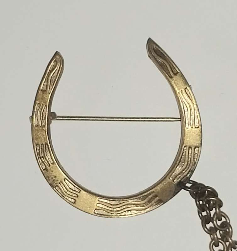 Vintage golden color Horse Head with a chain and a Horseshoe Clasp brooch